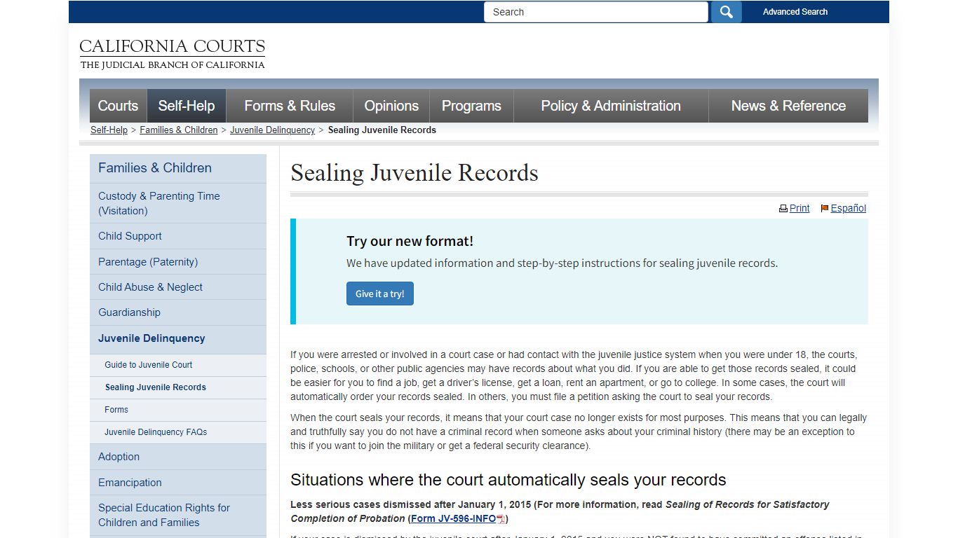 Sealing Juvenile Records - juvenile_famlaw_selfhelp - California